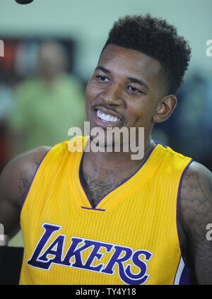 Los Angeles Lakers Nick Young gives an interview at Lakers Media Day in El Segundo on September 29, 2014.    UPI/Lori Shepler Stock Photo