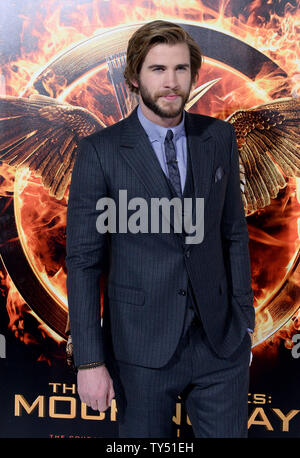 Actor Liam Hemsworth attends the premiere of the sci-fi motion adventure 'The Hunger Games: Mockingjay - Part I' at the NokiaTheatre in Los Angeles on November 17, 2014. Storyline: With the Games now destroyed and in pieces, Katniss Everdeen (Jennifer Lawrence), along with Gale, Finnick and Beetee, now end up in the so thought 'destroyed' District 13. Under the leadership of Commander Coin and the advice of her friends, Katniss becomes the 'Mockingjay' and the symbol of rebellion for the people. UPI/Jim Ruymen Stock Photo