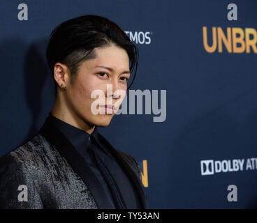 Cast member Takamasa Ishihara aka 'Miyavi' attends the premiere of the biographical motion picture war drama 'Unbroken' at the Dolby Theatre in the Hollywood section of Los Angeles on December 15, 2014. Storyline: After a near-fatal plane crash in WWII, Olympian Louis Zamperini spends a harrowing 47 days in a raft with two fellow crewmen before he's caught by the Japanese navy and sent to a prisoner-of-war camp.  UPI/Jim Ruymen Stock Photo