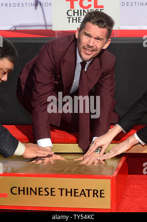Actor Ethan Hawke participates in a hand & footprint ceremony honoring him at TCL Chinese Theatre in the Hollywood section of Los Angeles on December 5, 2014. Hawke can next be seen in the soon to be released sci-fi thriller 'Predestination'.   Photo by /Jim Ruymen/UPI Stock Photo