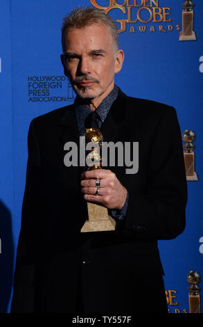 Billy Bob Thornton appears backstage with the award he won for his role in 'Fargo'  during the 72nd annual Golden Globe Awards at the Beverly Hilton Hotel in Beverly Hills, California on January 11, 2015.  Photo by Jim Ruymen/UPI Stock Photo