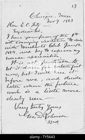 George D. Robinson Letter to E. C. Fitz November 9, 1883; Scope and content:  Handwritten letter of George D. Robinson, governor of Massachusetts, 1884 to 1887, to E. C. Fitz. Stock Photo