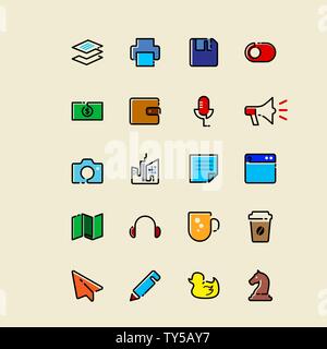 Single line icons set with some color detailing and accent Stock Vector