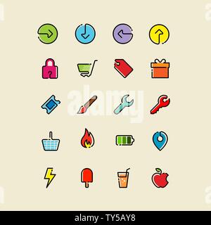 Single line icons set with some color detailing and accent Stock Vector