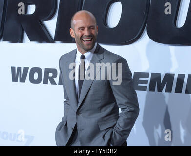 Cast member Jason Statham attends the premiere of the motion picture crime thriller 'Furious 7' at TCL Chinese Theatre in the Hollywood section of Los Angeles on April 1, 2015.  Storyline: Deckard Shaw (Jason Statham) seeks revenge against Dominic Toretto (Vin Diesel) and his family for the death of his brother. Worse, a Somalian terrorist called Jakarde, and a shady government official called 'Mr. Nobody' are both competing to steal a computer terrorism program called God's Eye that can turn any technological device into a weapon.  Photo by Jim Ruymen/UPI Stock Photo