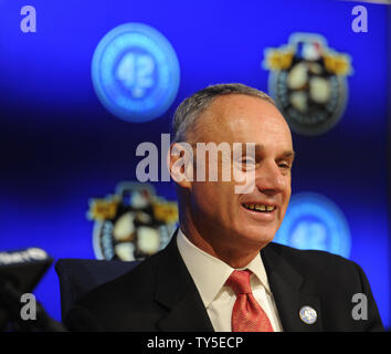 MLB Commissioner Rob Manfred speaks during a news conference, Tuesday ...