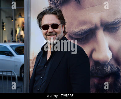 Cast member Russell Crowe attends the premiere of the motion picture war drama 'The Water Diviner' at TCL Chinese Theatre in the Hollywood section of Los Angeles on April 16, 2015. Storyline: After the Battle of Gallipoli, in 1915, an Australian farmer, Connor (Russell Crowe), travels to Turkey to find his 3 missing sons. While staying at a hotel in Istanbul, he meets Ayshe (Olga Kurylenko), the hotel manager, and tries to find a way to Gallipoli.  Photo by Jim Ruymen/UPI Stock Photo