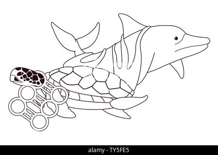 sad dolphin and turtle stuck in black and white Stock Vector