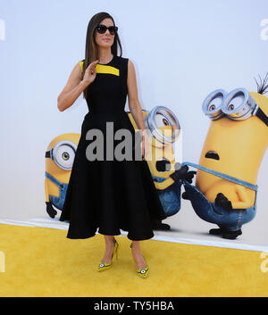 Cast member Sandra Bullock, the voice of Scarlett Overkill in the animated motion picture comedy 'Minions' attends the premiere of the film at the Shrine Auditorium in Los Angeles on June 28, 2015. Storyline:  Minions Stuart, Kevin and Bob are recruited by Scarlet Overkill (Bullock), a super-villain who, alongside her inventor husband Herb (Jon Hamm), hatches a plot to take over the world.  Photo by Jim Ruymen/UPI Stock Photo
