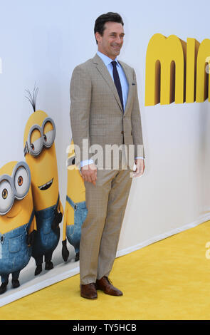 Cast member Jon Hamm, the voice of Herb Overkill in the animated motion picture comedy 'Minions' attends the premiere of the film at the Shrine Auditorium in Los Angeles on June 28, 2015. Storyline:  Minions Stuart, Kevin and Bob are recruited by Scarlet Overkill (Sandra Bullock), a super-villain who, alongside her inventor husband Herb (Jon Hamm), hatches a plot to take over the world.  Photo by Jim Ruymen/UPI Stock Photo