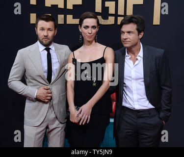 Writer/director and cast member Joel Edgerton and cast members actors Rebecca Hall and Jason Bateman (L-R) attend the premiere of the motion picture thriller 'The Gift' at Regal Cinemas L.A. Live in Los Angeles on July 30, 2015. Storyline: A young married couple's lives are thrown into a harrowing tailspin when an acquaintance from the husband's past brings mysterious gifts and a horrifying secret to light after more than 20 years. Photo by Jim Ruymen/UPI Stock Photo