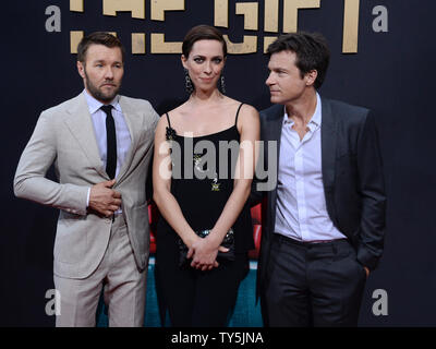 Writer/director and cast member Joel Edgerton and cast members actors Rebecca Hall and Jason Bateman (L-R) attend the premiere of the motion picture thriller 'The Gift' at Regal Cinemas L.A. Live in Los Angeles on July 30, 2015. Storyline: A young married couple's lives are thrown into a harrowing tailspin when an acquaintance from the husband's past brings mysterious gifts and a horrifying secret to light after more than 20 years. Photo by Jim Ruymen/UPI Stock Photo