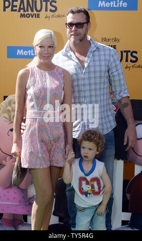 TV personality Tori Spelling and husband Dean McDermott and son Finn attend the premiere of the motion picture animated comedy 'The Peanuts Movie' at the Regency Village and Bruin Theaters in the Westwood section of Los Angeles on November 1, 2015. Storyline: Snoopy embarks upon his greatest mission as he and his team take to the skies to pursue their arch-nemesis, the Red Baron while his best pal Charlie Brown begins his own epic quest back home.  Photo by Jim Ruymen/UPI Stock Photo