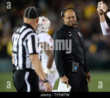 Stanford Cardinal head coach David Shaw talks to the official during fourth quarter of the 102nd Rose Bowl game in Pasadena, California on January 1, 2016.The Cardinal beat the Hawkeyes 45-16.  Photo by Jon SooHoo/UPI Stock Photo