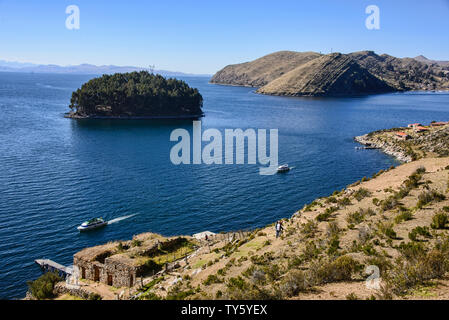 Panoramic view of Lake Titicaca from Isla del Sol, Bolivia Stock Photo