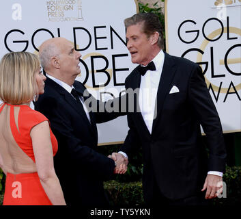 Actor Jeffrey Tambor, center, Kasia Ostlun, left, and David Hasselhoff attend the 73rd annual Golden Globe Awards at the Beverly Hilton Hotel in Beverly Hills, California on January 10, 2016. Photo by Jim Ruymen/UPI Stock Photo