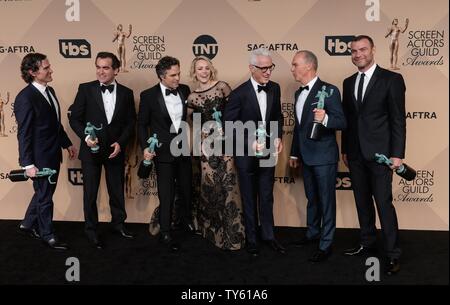 From left, actors Billy Crudup, Brian d'Arcy James, Mark Ruffalo, Rachel McAdams, John Slattery, Michael Keaton, and Liev Schreiber, winners for Outstanding Performance by a Cast in a Motion Picture 'Spotlight,' appear backstage during the 22nd annual Screen Actors Guild Awards at the Shrine Auditorium & Expo Hall in Los Angeles, California on January 30, 2016. Photo by Jim Ruymen/UPI Stock Photo