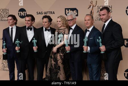 From left, actors Billy Crudup, Brian d'Arcy James, Mark Ruffalo, Rachel McAdams, John Slattery, Michael Keaton, and Liev Schreiber, winners for Outstanding Performance by a Cast in a Motion Picture 'Spotlight,' appear backstage during the 22nd annual Screen Actors Guild Awards at the Shrine Auditorium & Expo Hall in Los Angeles, California on January 30, 2016. Photo by Jim Ruymen/UPI Stock Photo