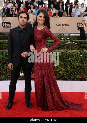 Actor Kunal Nayyar and Neha Kapur attend the 22nd annual Screen Actors Guild Awards at the Shrine Auditorium & Expo Hall in Los Angeles, California on Janu ary 30, 2016. Photo by Jim Ruymen/UPI Stock Photo