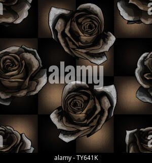White roses on chessboard background. Vector seamless pattern design Stock Vector