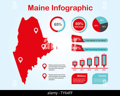 Maine State (USA) Map with Set of Infographic Elements in Red Color in Light Background. Modern Information Graphics Element for your design. Stock Photo