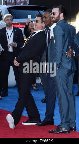 Cast members Robert Downey Jr., Anthony Mackie and Chris Evans (L-R) attend the premiere of the sci-fi motion picture fantasy 'Captain America: Civil War' at the El Capitan Theatre in the Hollywood section of Los Angeles on April 12, 2016. Storyline: Political interference in the Avengers' activities causes a rift between former allies Captain America and Iron Man.  Photo by Jim Ruymen/UPI Stock Photo