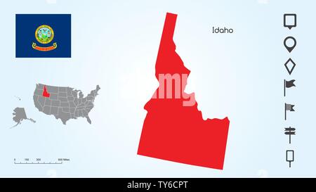 Map of The United States of America with the Selected State of Idaho And Idaho Flag with Locator Collection. Stock Vector