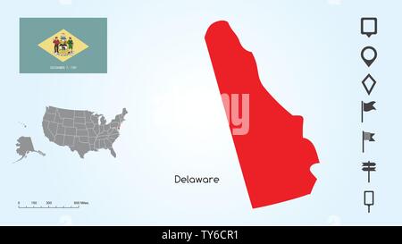 Map of The United States of America with the Selected State of Delaware And Delaware Flag with Locator Collection. Stock Vector