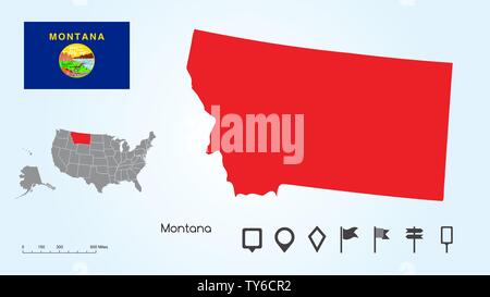 Map of The United States of America with the Selected State of Montana And Montana Flag with Locator Collection. Stock Vector