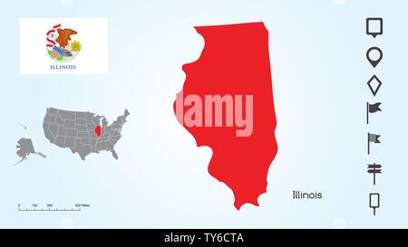 Map of The United States of America with the Selected State of Illinois And Illinois Flag with Locator Collection. Stock Vector