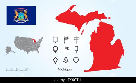 Map of The United States of America with the Selected State of Michigan And Michigan Flag with Locator Collection. Stock Vector