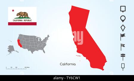 Map of The United States of America with the Selected State of California And California Flag with Locator Collection. Stock Vector