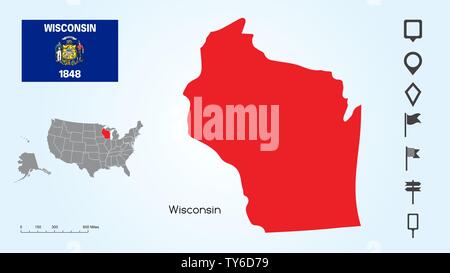Map of The United States of America with the Selected State of Wisconsin And Wisconsin Flag with Locator Collection. Stock Vector