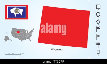 Map of The United States of America with the Selected State of Wyoming And Wyoming Flag with Locator Collection. Stock Vector