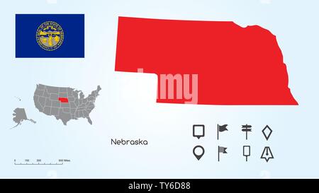 Map of The United States of America with the Selected State of Nebraska And Nebraska Flag with Locator Collection. Stock Vector