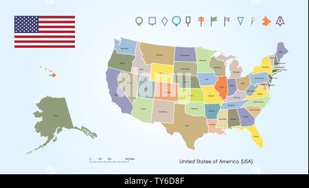 High detail USA map with different colors for each country. United ...