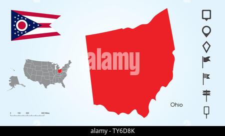 Map of The United States of America with the Selected State of Ohio And Ohio Flag with Locator Collection. Stock Vector