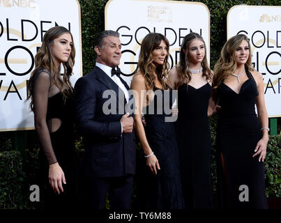 (L-R) Miss Golden Globe 2017 Sistine Stallone, Sylvester Stallone, Jennifer Flavin, Miss Golden Globe 2017 Scarlet Stallone and Miss Golden Globe 2017 Sophia Stallone attend the 74th annual Golden Globe Awards at the Beverly Hilton Hotel in Beverly Hills, California on January 8, 2017. Photo by Jim Ruymen/UPI Stock Photo