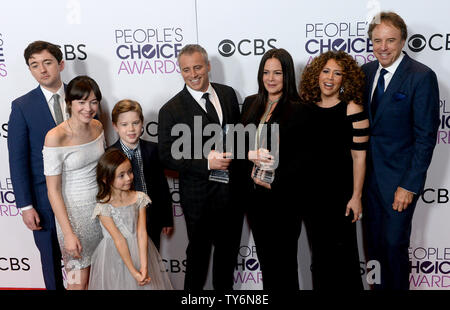 (L-R) Actors Matt Cook, Grace Kaufman, Matthew McCann, Matt LeBlanc, Hala Finley, Liza Snyder, Diana Maria Riva and Kevin Nealon appear backstage with their award for Favorite New TV Comedy for 'Man With A Plan' during the 43rd annual People's Choice Awards at the Microsoft Theater in Los Angeles on January 18, 2017. Photo by Jim Ruymen/UPI Stock Photo