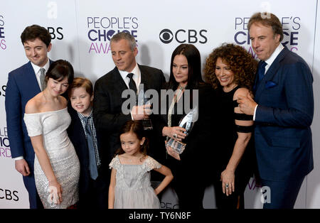 (L-R) Actors Matt Cook, Grace Kaufman, Matthew McCann, Matt LeBlanc, Hala Finley, Liza Snyder, Diana Maria Riva and Kevin Nealon appear backstage with their award for Favorite New TV Comedy for 'Man With A Plan' during the 43rd annual People's Choice Awards at the Microsoft Theater in Los Angeles on January 18, 2017. Photo by Jim Ruymen/UPI Stock Photo