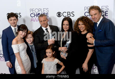 (L-R) Actors Matt Cook, Grace Kaufman, Matthew McCann, Matt LeBlanc, Hala Finley, Liza Snyder, Diana Maria Riva and Kevin Nealon appear backstage with their award for Favorite New TV Comedy for 'Man With A Plan' during the 43rd annual People's Choice Awards at the Microsoft Theater in Los Angeles on January 18, 2017. Photo by Jim Ruymen/UPI Stock Photo