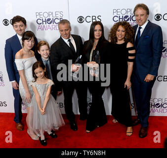 (L-R) Actors Matt Cook, Grace Kaufman, Matthew McCann, Matt LeBlanc, Hala Finley, Liza Snyder, Diana Maria Riva and Kevin Nealon appear backstage with their award for Favorite New TV Comedy for 'Man With A Plan' during the 43rd annual People's Choice Awards at the Microsoft Theater in Los Angeles on January 18, 2017. Photo by Jim Ruymen/UPI Stock Photo