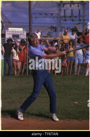 Jimmy Carter at bat during a softball game in Plains, GA Stock Photo