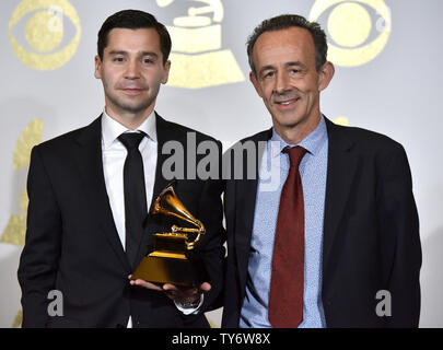 Audio engineers Joe LaPorta (L) and Kevin Killen appear backstage with their award for Best Engineered Album Non-Classical for 'Blackstar (David Bowie)' during the 59th annual Grammy Awards held at Staples Center in Los Angeles on February 12, 2017.  Photo by Christine Chew/UPI