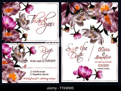 set of cards templates decorated with peonies for wedding including invitation, thank you and rsvp Stock Vector