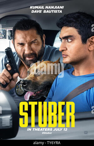 RELEASE DATE: July 12, 2019 TITLE: Stuber STUDIO: Twentieth Century Fox DIRECTOR: Michael Dowse PLOT: A detective recruits his Uber driver into an unexpected night of adventure. STARRING: DAVE BAUTISTA as Vic, KUMAIL NANJIANI as Stu. (Credit Image: © Twentieth Century Fox/Entertainment Pictures) Stock Photo