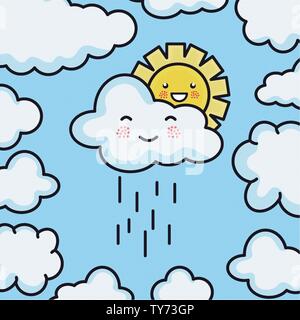 cute summer sun and clouds rainy kawaii characters illustration design Stock Vector