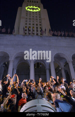 The Batman 'bat signal' is projected onto Los Angeles City Hall in a tribute to the late actor Adam West in Los Angeles on June 15, 2017.    West, who portrayed Batman in the classic 1966-68 TV series of the same name, died on June 9 at the age of 88. The 'bat-signal' was used in the television show when the fictitious Gotham City Police Department needed to summon the superhero.  Photo by Jim Ruymen/UPI Stock Photo