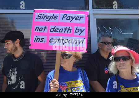 Members of the campaign for the Healthy California Act, made up of a coalition of 350 organizations, gather outside Assembly.Speaker Anthony Rendon's district office for an 'Inaction = Death' event to 'demand'' that he bring the bill sponsored by the California Nurses.Association to an Assembly vote. Rendon announced last week he was shelving SB 562, a bill that would establish single-payer healthcare in California.  Photo by Jim Ruymen/UPI Stock Photo