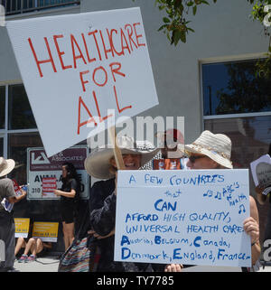 Members of the campaign for the Healthy California Act, made up of a coalition of 350 organizations, gather outside Assembly.Speaker Anthony Rendon's district office for an 'Inaction = Death' event to 'demand'' that he bring the bill sponsored by the California Nurses.Association to an Assembly vote. Rendon announced last week he was shelving SB 562, a bill that would establish single-payer healthcare in California.  Photo by Jim Ruymen/UPI Stock Photo